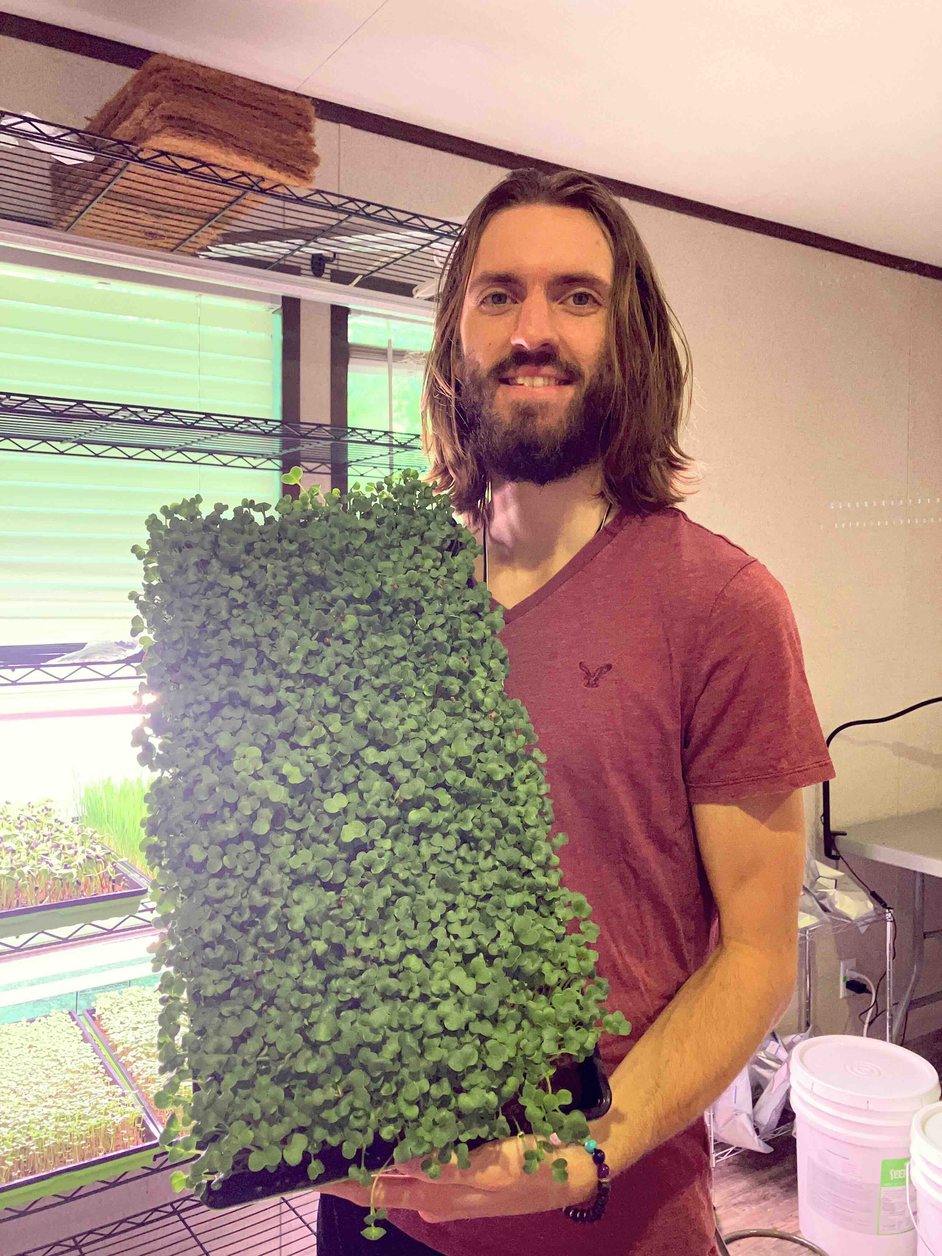 Founder holding tray of microgreens